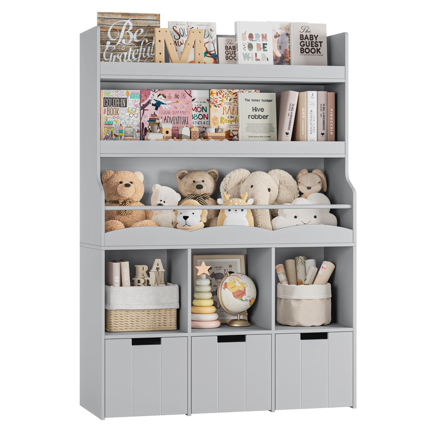HITHOS 55.3" H Kids Bookshelf with Toy Storage Organizer, Tall Book Shelf with 3 Movable Toy Storage Bins, Large Kids Bookcase with Toy Chest, 39.2" W Modern Toy Box for Kids Room, Playroom, White