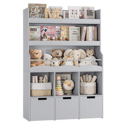 HITHOS 55.3" H Kids Bookshelf with Toy Storage Organizer, Tall Book Shelf with 3 Movable Toy Storage Bins, Large Kids Bookcase with Toy Chest, 39.2" W Modern Toy Box for Kids Room, Playroom, White