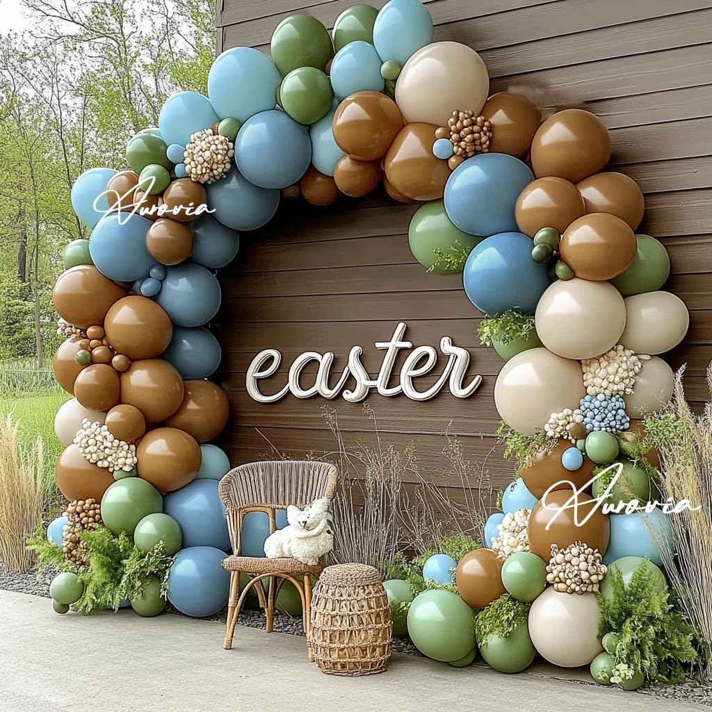 Blue Green Brown Balloon Garland Double Stuffed Dusty Blue Sage Green Balloons Olive White Sand Latex Balloon Arch Kit for Bear Baby Shower Birthday Woodland Wild One Party Decorations