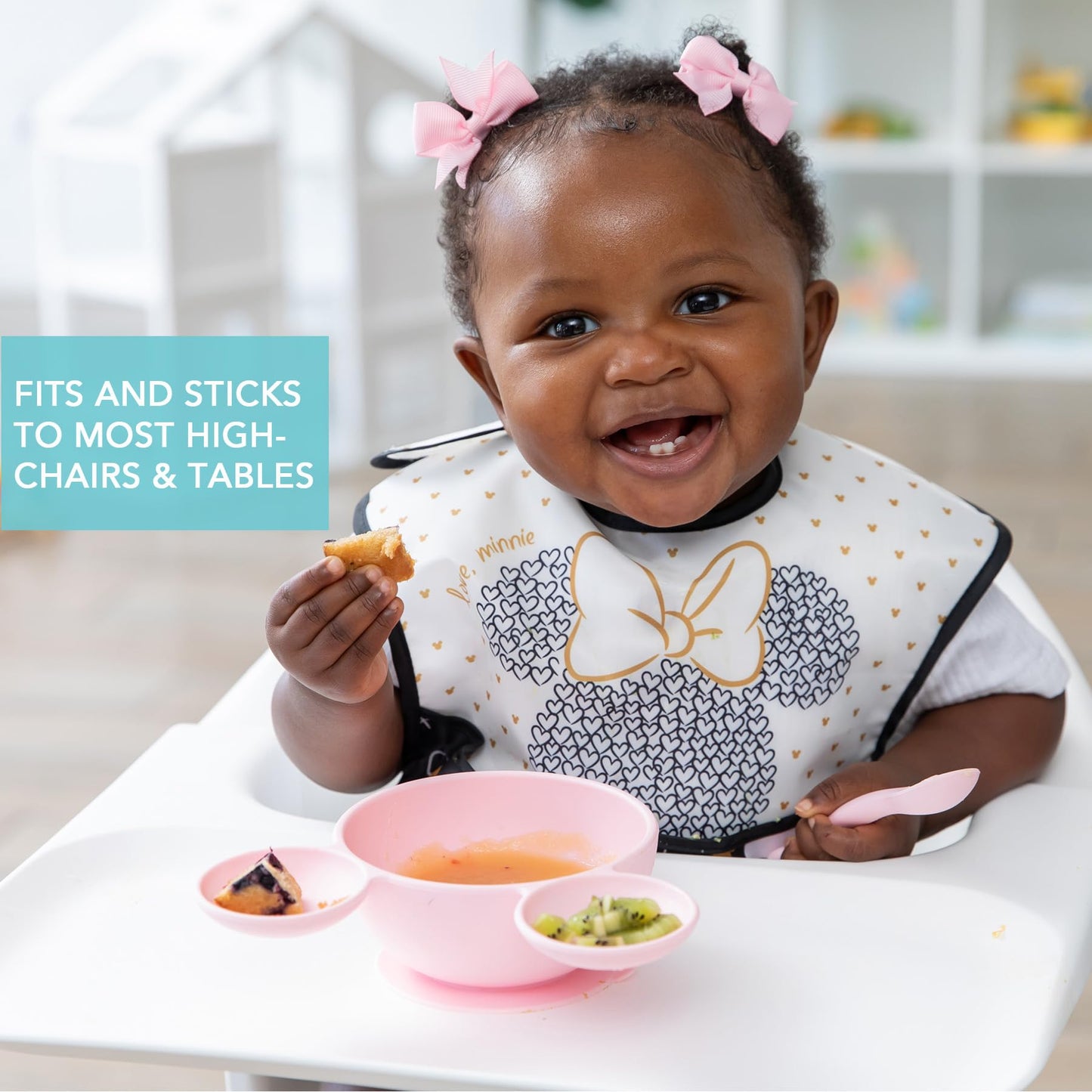 Bumkins Baby Bowls, Disney Minnie Mouse Silicone Baby Feeding Set, Suction Bowls for Baby and Toddler with Spoon, First Feeding Set, Platinum Silicone Bowl for Babies 4 Months
