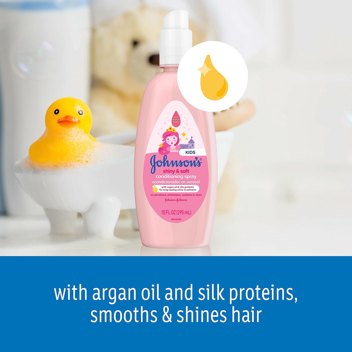 Johnson's Kids Shiny & Soft Hair Conditioning Spray with Argan Oil & Silk Proteins, Tear-Free Conditioning Spray for Shine & Softness, Gentle for Toddler Haircare, 10 fl. oz