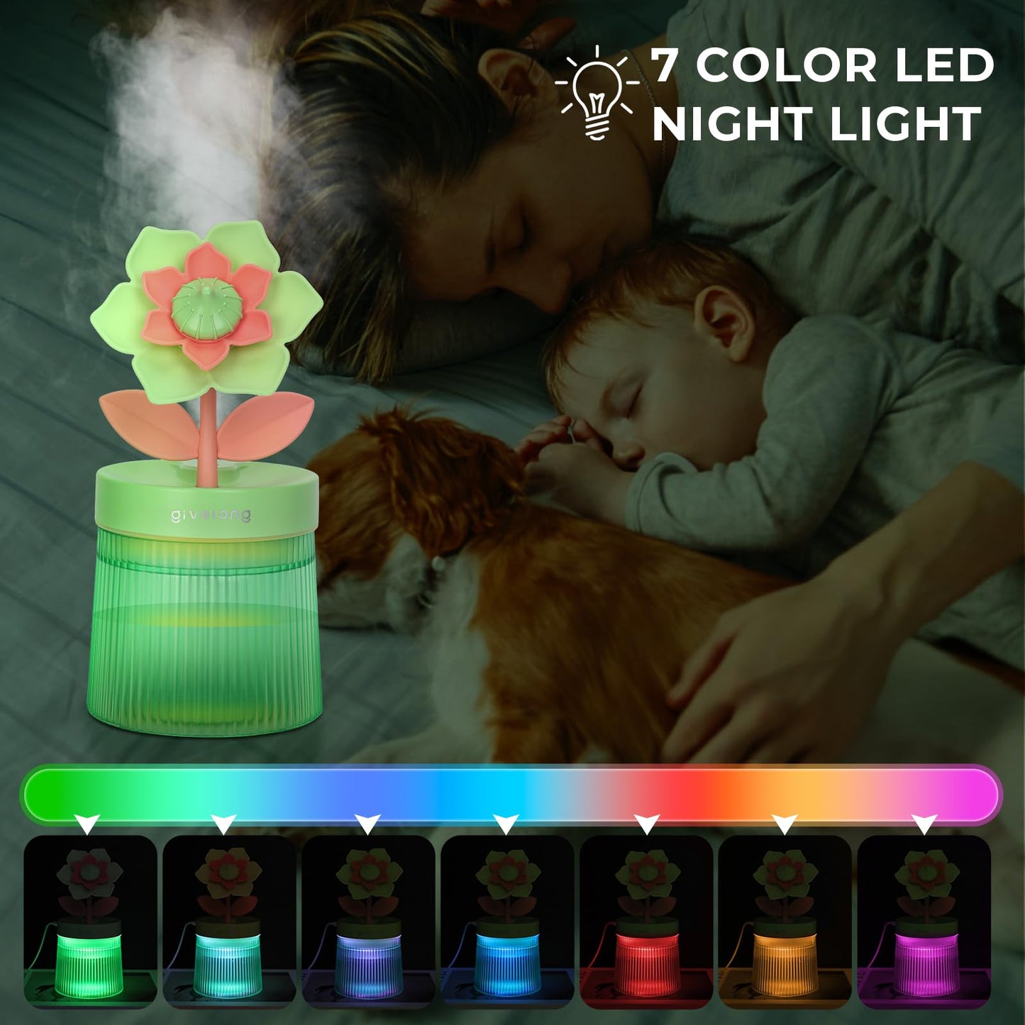 Cute Flower Mini Humidifier, 260ml Gardenia Desktop Humidifiers for Bedroom, Portable Small Cool Mist Humidification for Home, Baby Nursery, Office & Indoor Plants, USB Powered (Pink)