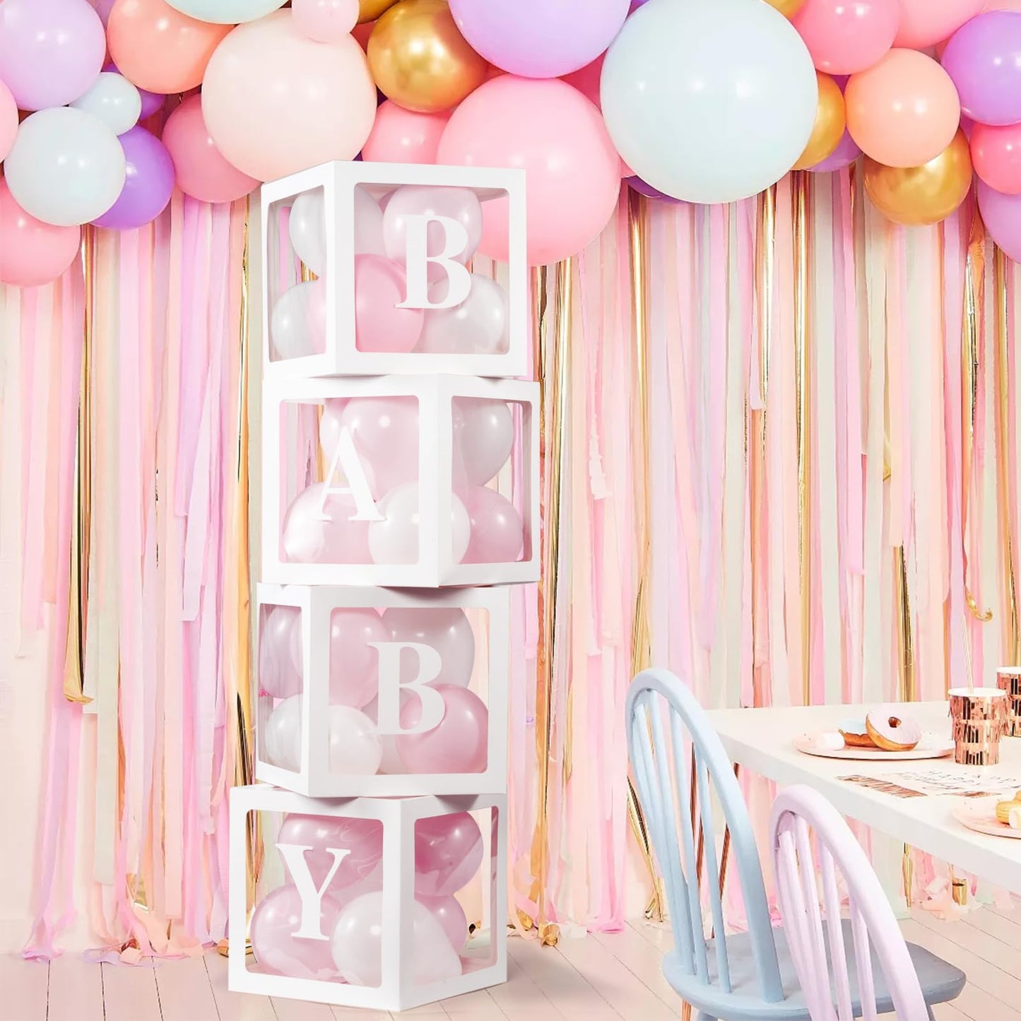 Baby Boxes with Letters for Baby Shower Decorations, Gender Reveal with 4 Pastel Balloon Boxes