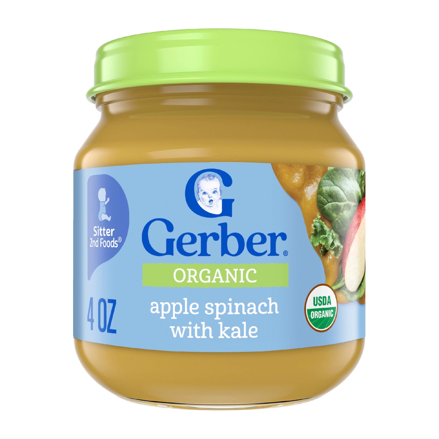 Gerber Stage 2 Baby Food, Organic Apple Spinach with Kale Jar, Fruit & Veggie Puree, Vitamin C, Non-GMO, Baby Food Puree Jars Glass