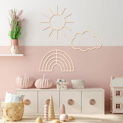 Kathfly4 Pieces Boho Nursery Cloud Star Wall Decor Wooden Babyroom Moon Rattan Wall Decor Wooden Rainbow for Children Baby Kids Boys Girls Bedroom Nursery Pendant(Cloud Moon Star)