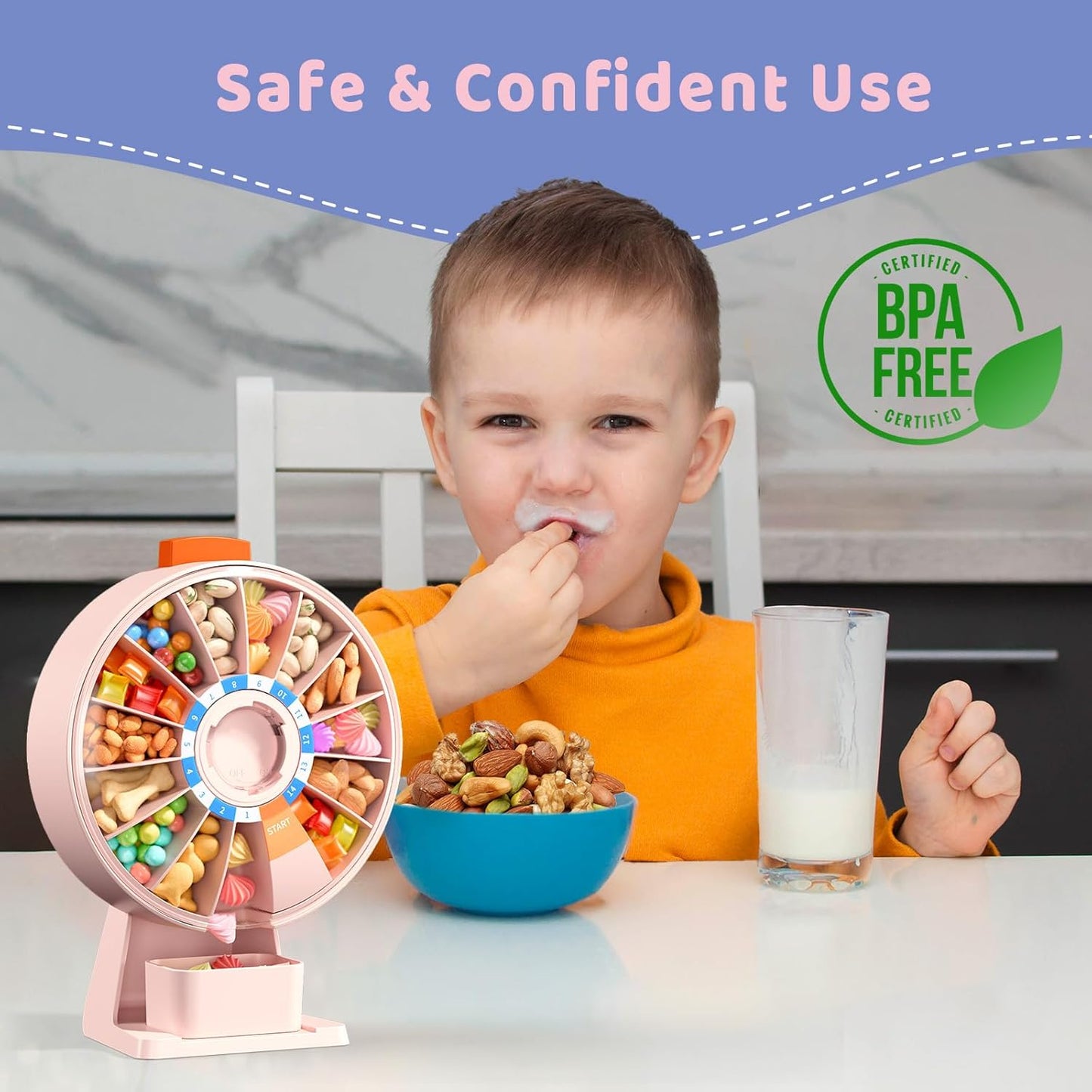 Zoksi Fun and Healthy Snack Dispenser for Children, Daily Snack Organizer for Nuts, Candy - Desk Stand Snack Box for Kids with Portion Control, Interactive Design, BPA-Free (Pink)