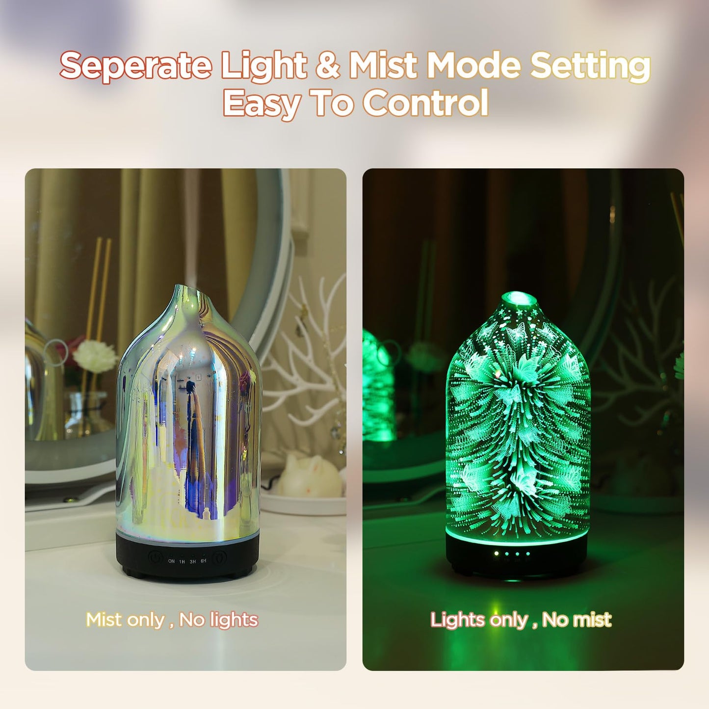 Essential Oil Diffuser Hand Blown Glass Aromatherapy Diffuser - Ultrasonic Cool Mist Scent Aroma Diffuser, Whisper Quiet with Auto Shut-Off, Timer Setting &7 Colors Night Light for Home