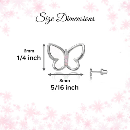 Cherished Moments Children's Sterling Silver Butterfly Screw Back Earrings with Pink or Rainbow CZs for Babies, Little Girls, Kids and Toddlers