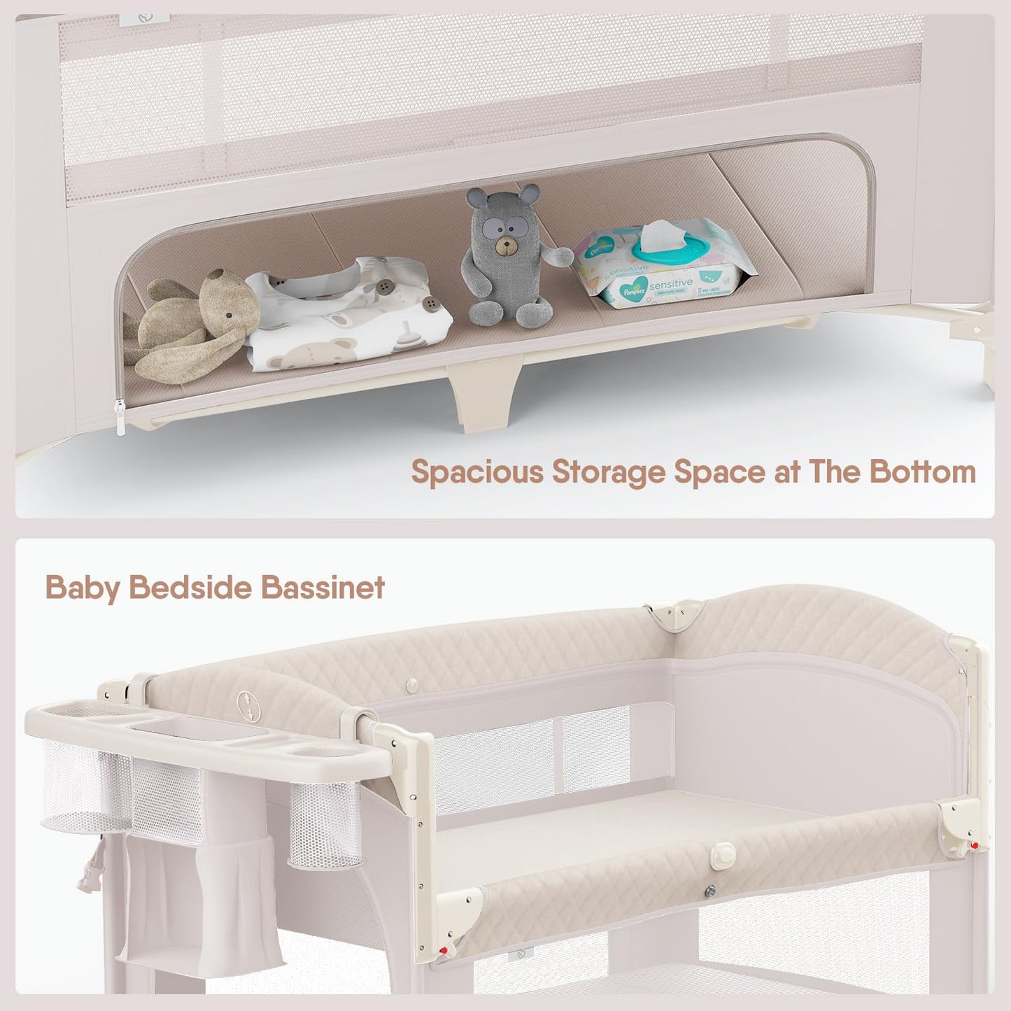 4 in 1 Baby Bassinet, Pack and Play, Bedside Crib Sleeper, Diaper Changer - Comes with Mattress, Mosquito Net，Bottom Storage and Toy Bar for Newborn to Toddles