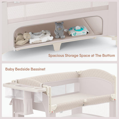 4 in 1 Baby Bassinet, Pack and Play, Bedside Crib Sleeper, Diaper Changer - Comes with Mattress, Mosquito Net，Bottom Storage and Toy Bar for Newborn to Toddles