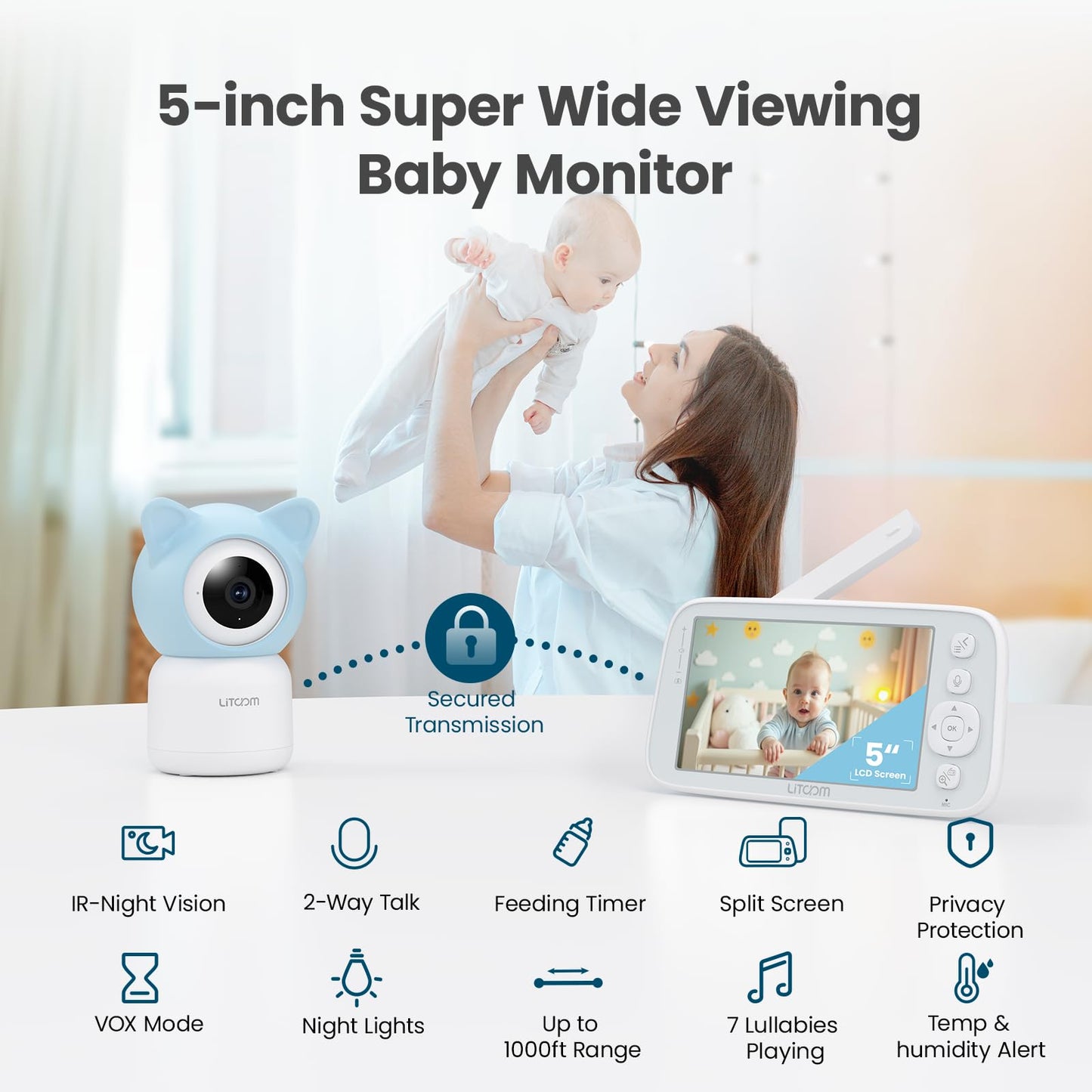 litokam 4MP Baby Monitor with 2 Cameras and Audio, 5-inch 1080P Split-Screen, No WiFi & 5G/2.4G WiFi, Remote Pan-Tilt-Zoom, Night Vision, VOX, Temperature Sensor, 2-Way Talk, 7 Lullabies, 1000ft Range