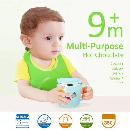 Baby Kids Toddler Sippy Cup Mug for Milk, Coffee, Stainless Steel Trainer Straw Cup with Lid, Fox, 7oz/Pink