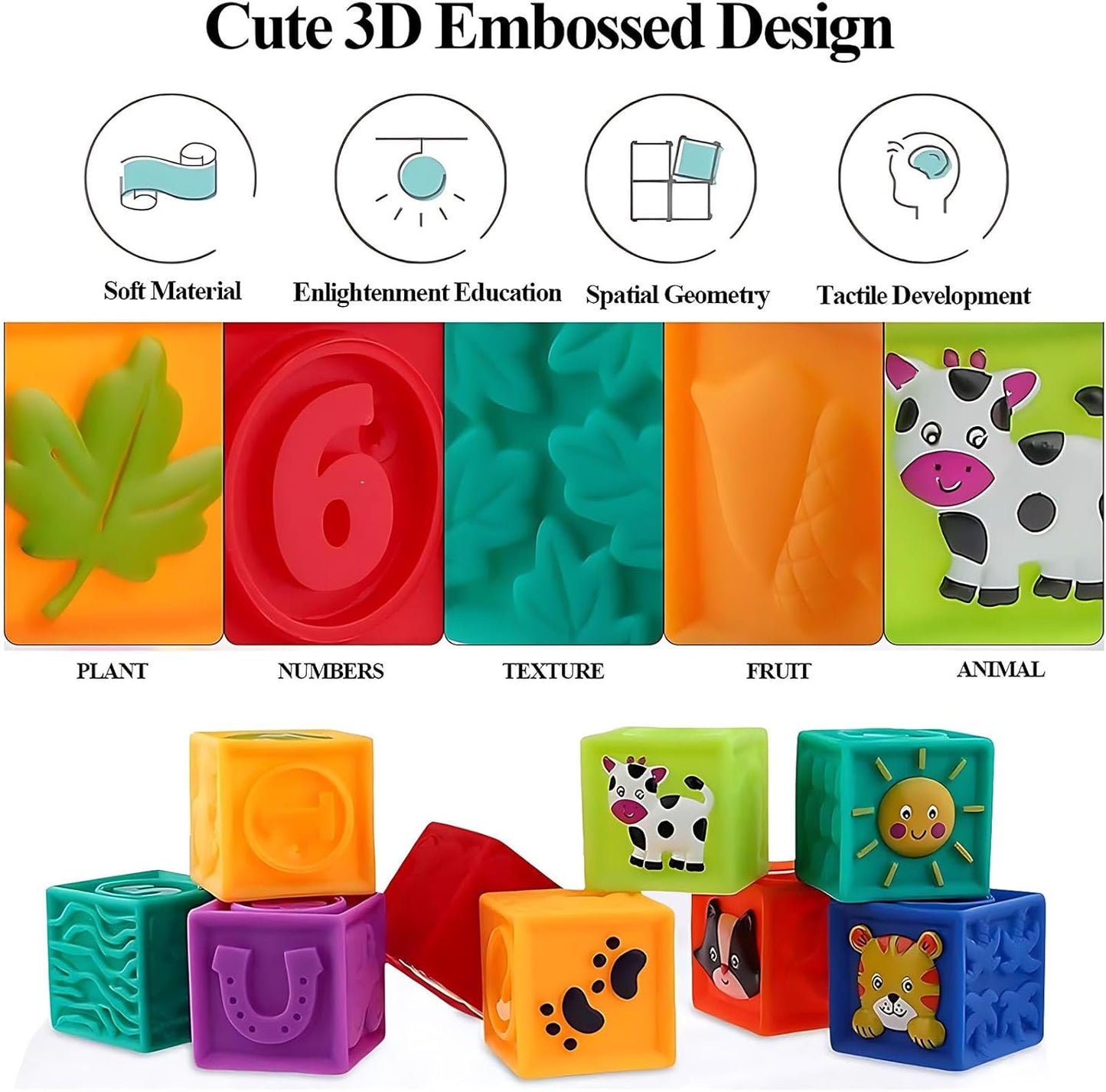 Kingtree Baby Blocks, 9PCS Soft Squeeze Building Blocks Stacking Toys for 6+ Months Babies, Baby Teething Chewing Educational Blocks Set with Numbers Animals Shapes Textures