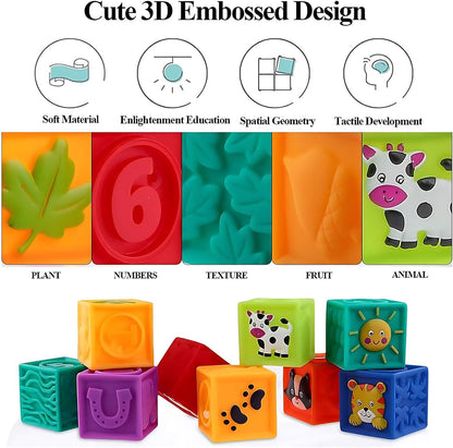 Kingtree Baby Blocks, 9PCS Soft Squeeze Building Blocks Stacking Toys for 6+ Months Babies, Baby Teething Chewing Educational Blocks Set with Numbers Animals Shapes Textures