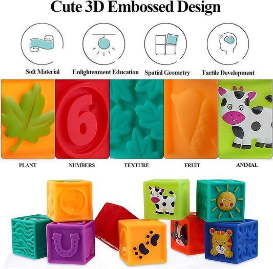 Kingtree Baby Blocks, 9PCS Soft Squeeze Building Blocks Stacking Toys for 6+ Months Babies, Baby Teething Chewing Educational Blocks Set with Numbers Animals Shapes Textures
