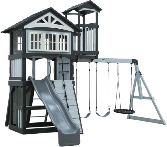 Backyard Discovery Whispering Point Light Gray Cedar Wood Swing Set with Wave Slide, Clubhouse, Crows Nest, Play Kitchen, Belt Swings, Web Swing, Rock Wall, Playhouse, Ladder, Windows, Outdoor Playset