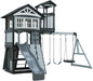 Backyard Discovery Whispering Point Light Gray Cedar Wood Swing Set with Wave Slide, Clubhouse, Crows Nest, Play Kitchen, Belt Swings, Web Swing, Rock Wall, Playhouse, Ladder, Windows, Outdoor Playset