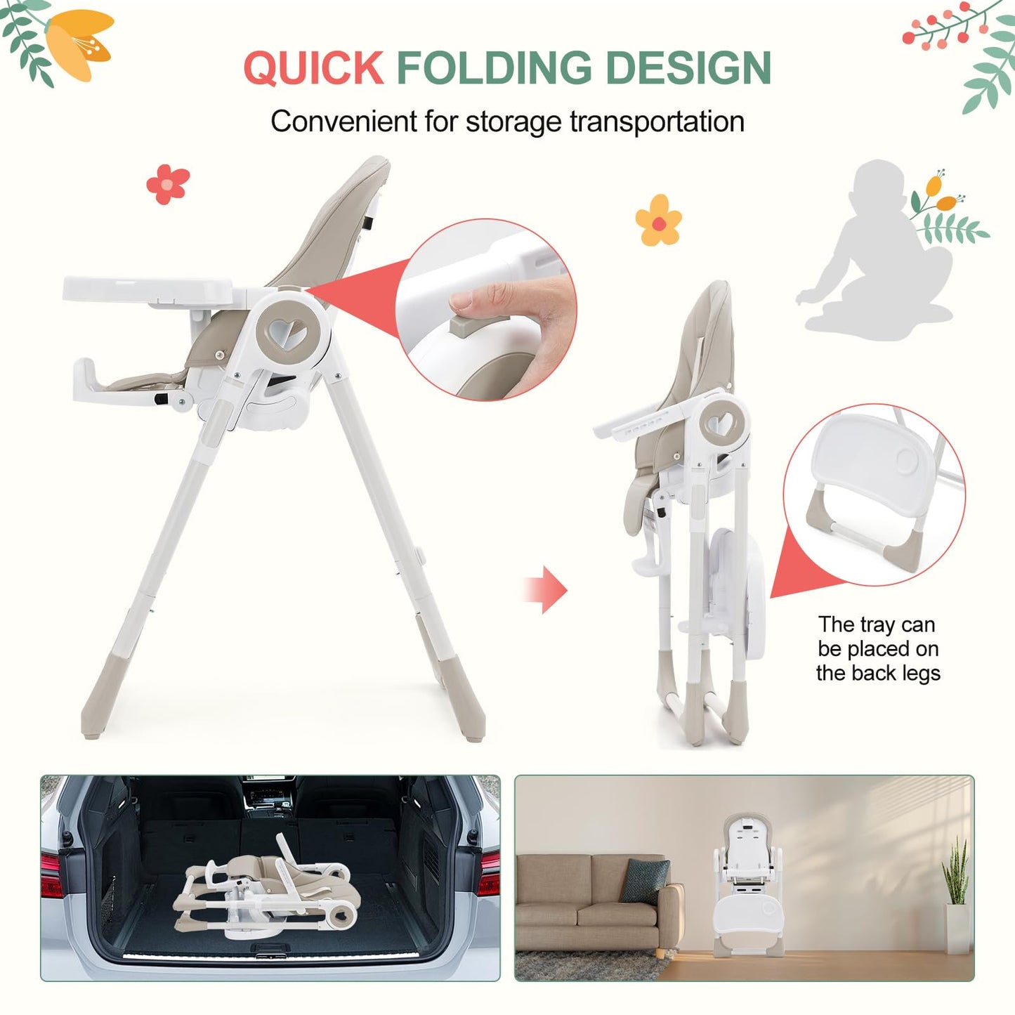 Foldable Baby High Chair with Adjustable Height, 5 Recline Positions & Removable Double Tray - Easy Clean, Space-Saving Infant Highchair for Toddlers, 5-Point Harness & Compact Design