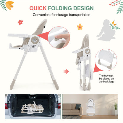 Foldable Baby High Chair with Adjustable Height, 5 Recline Positions & Removable Double Tray - Easy Clean, Space-Saving Infant Highchair for Toddlers, 5-Point Harness & Compact Design