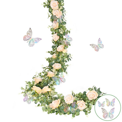 Yastouay 6.4 Ft Fuller Artificial Eucalyptus Garland with Champagne Flowers Fake Rose Vine for Table Centerpiece Wedding Baby Shower Party Room Backdrop Decor