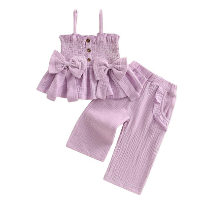 Toddler Baby Girl Clothes Tie-Up Strap Ruffle Camisole Tops Linen Pants Set Little Girls Summer Outfits