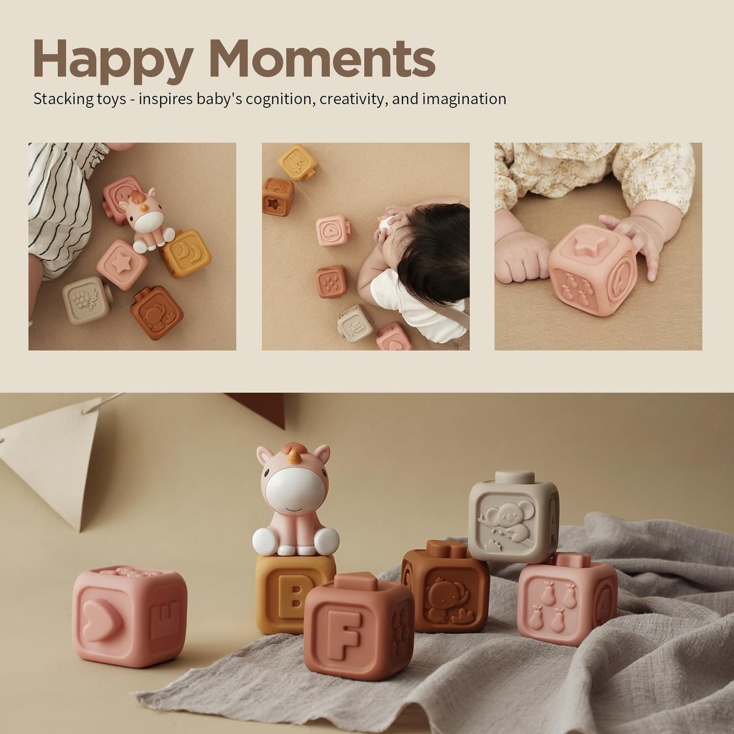 Nueplay 13 Pcs Building Circle & Blocks, Stacking & Nesting Baby Toys with Horse Figure, Newborn Essentials Squeeze Teething Toy Gifts for 6 12 18 Months Baby Toddler Girls