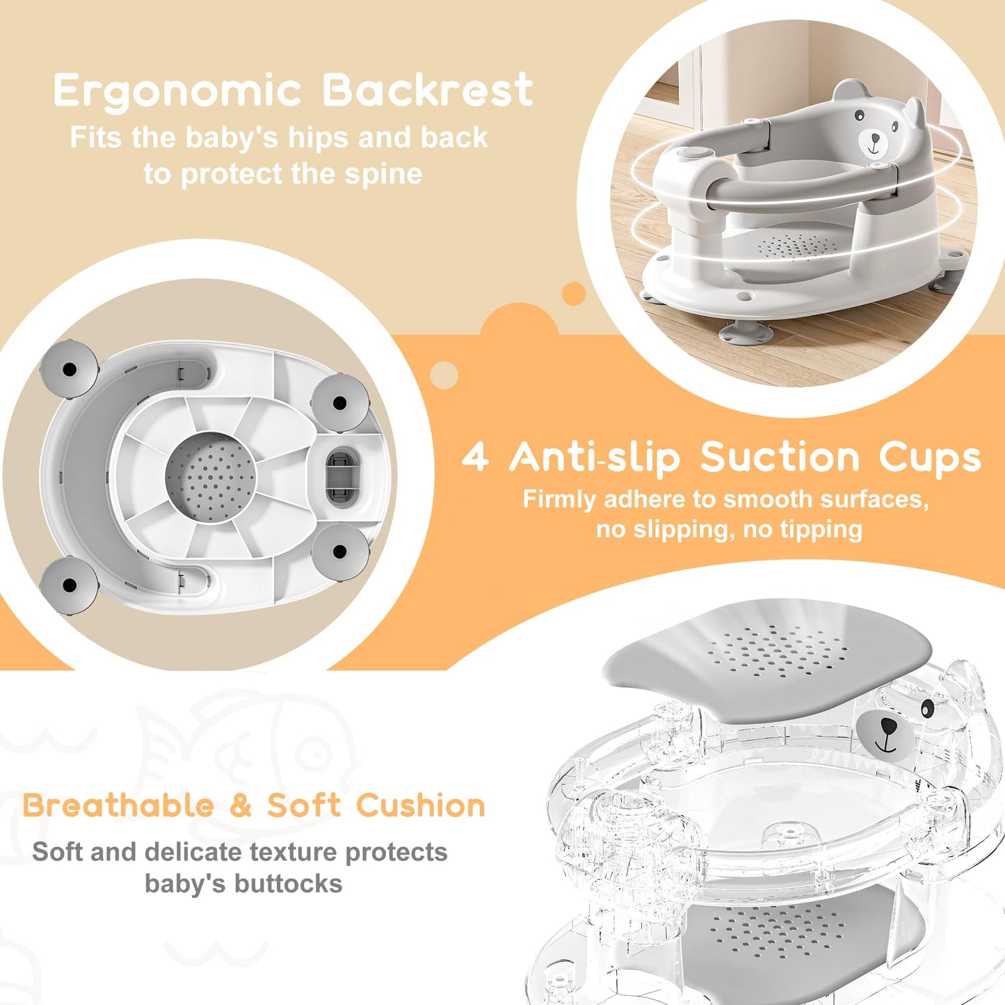 Baby Bath Seat for Babies 6 Months & Up, Toddler Bath Seats for Babies Sitting Up, Non-Slip Infant Bath Tub Chair with 4 Suction Cups & Soft Cushion for Shower, Compact Toddler Bathtub Seat, Pink
