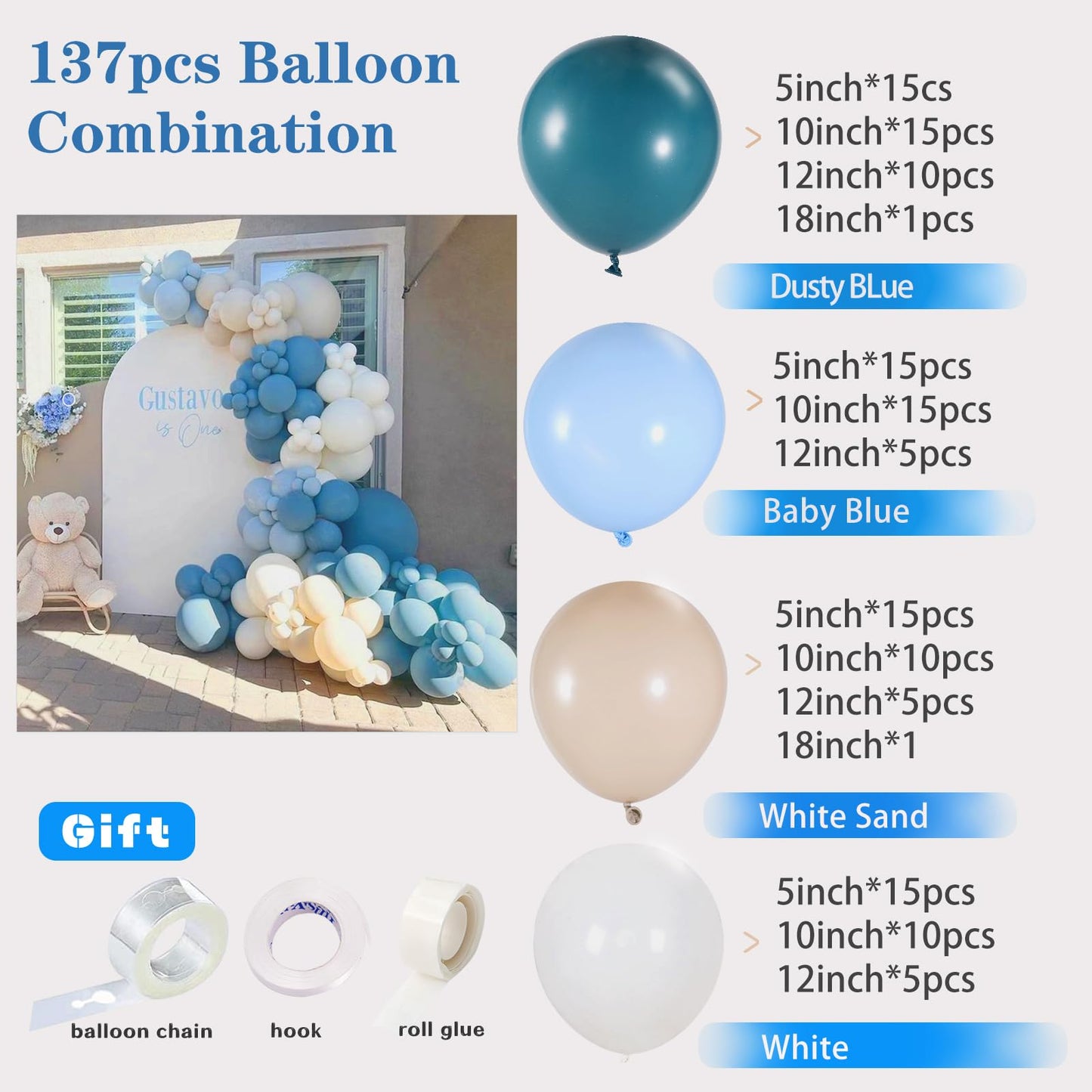 Dusty Blue Balloon Garland Kit - 137pcs Balloon Arch kit with Dusty Baby Blue, Sand White, White Balloons - Perfect for Baby Shower Wedding Boy Birthday Decoration