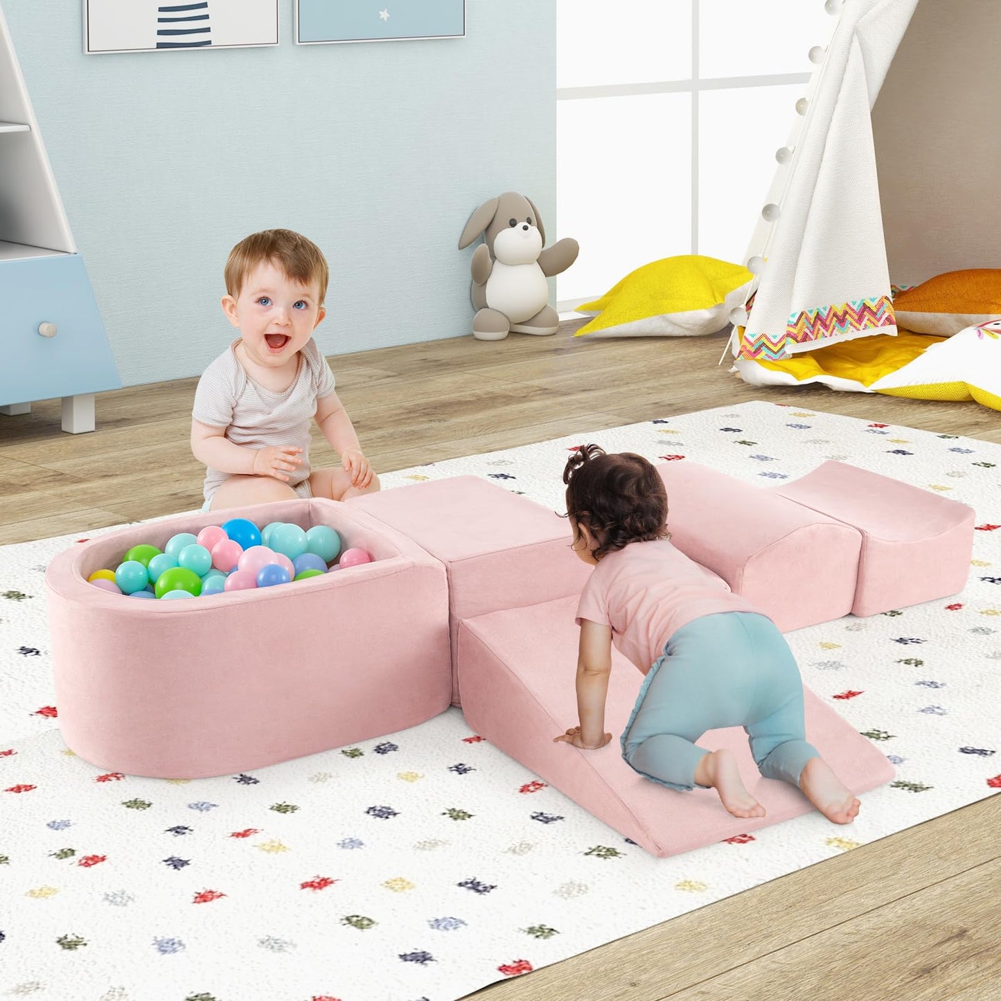 HONEY JOY Toddler Climbing Toys Indoor, 5-Piece Soft Foam Climbing Blocks w/Ball Pit, Washable Baby Playtime Playground Set, Modular Structure Gym Equipment, Kids Climb and Crawl Playset, Gift (Pink)