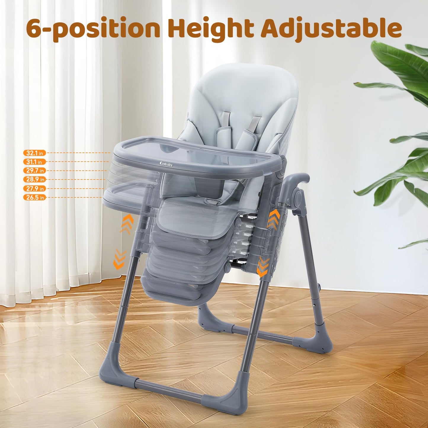 Ezebaby Foldable Baby High Chair – Portable High Chairs for Babies & Toddlers, Adjustable Height & Recline, 5-Point Harness, Removable Tray Baby Feeding Highchair