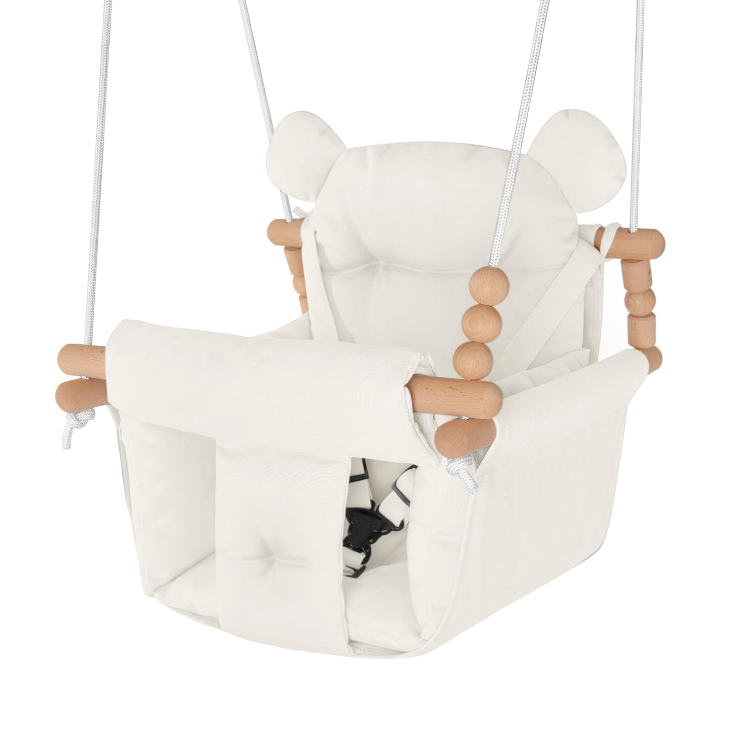 Baby Swing Indoor Outdoor,Secure Canvas Wooden Toddler Swing Seat, 3-Point Adjustable Safety Harness,Mounting Hardware Included,Gift for Boys and Girls,White