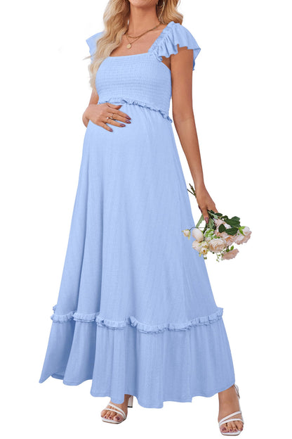 OUGES Womens 2025 Summer Maternity Photoshoot Dress Boho Maxi Smocked Baby Shower Dress Ruffle Sleeve Maternity Clothes