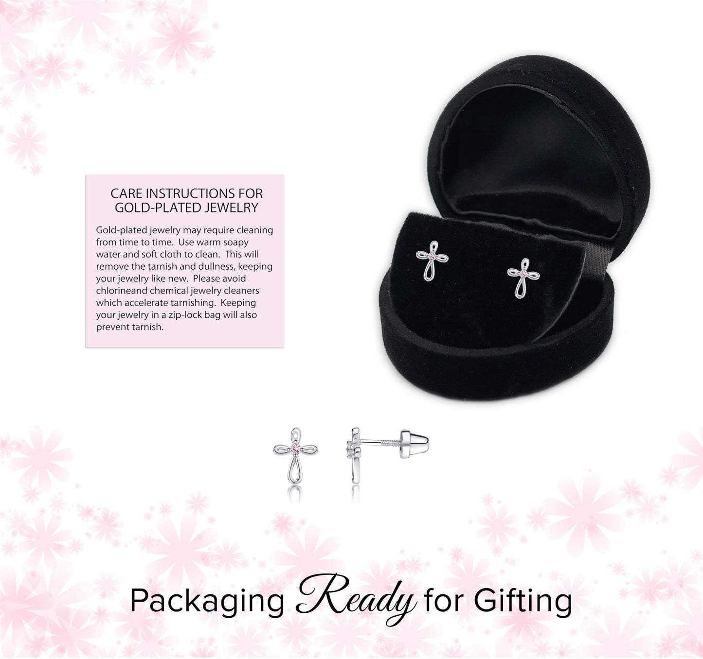 Cherished Moments Girl's 14K Dainty Gold-Plated or Sterling Silver Infinity Cross Earring with CZ and Screw Back