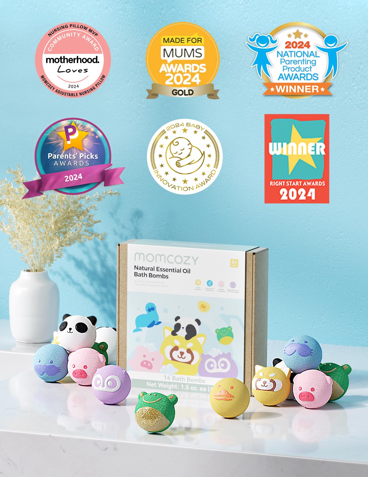 Momcozy Natural&Organic Essential Oil Bath Bombs,14 Pcs Bubble Bath Fizzy Balls with 7 Cute Animal Shapes,Bath Bombs Gift Set for Kids Girls Boys Toddler, Ideal Gift for Children's Day, Bath Bomb Kit