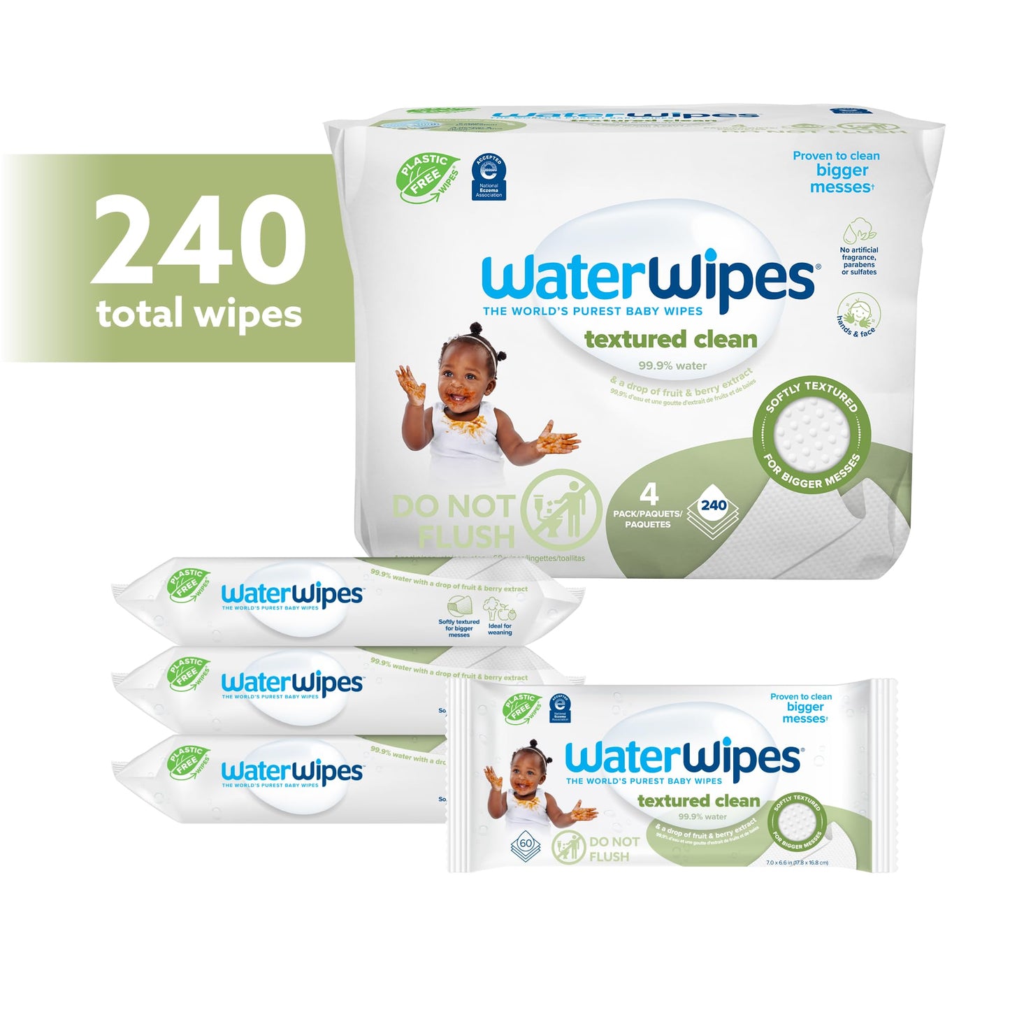 WaterWipes Plastic-Free Textured Clean, Toddler & Baby Wipes, 99.9% Water Based Wipes, Unscented & Hypoallergenic for Sensitive Skin, 60 Count (12 packs), Packaging May Vary