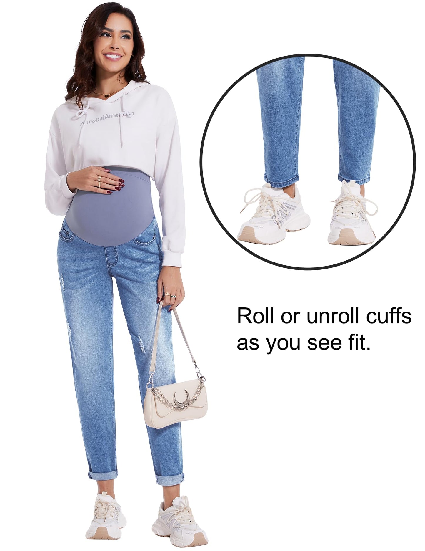 POSHGLAM Women's Maternity Jeans Over Belly Comfy Stretch Boyfriend Jeans Loose Pregnancy Pants, S-XXL