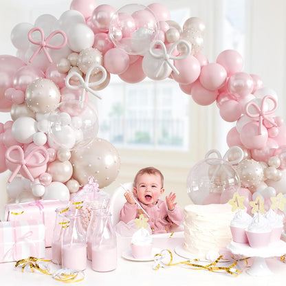 Pink Bow Balloon Arch Kit with Clear Light Pearl Pink and White Balloons for Coquette Bow Themed Bridal Baby Shower Wedding Birthday Party Decorations