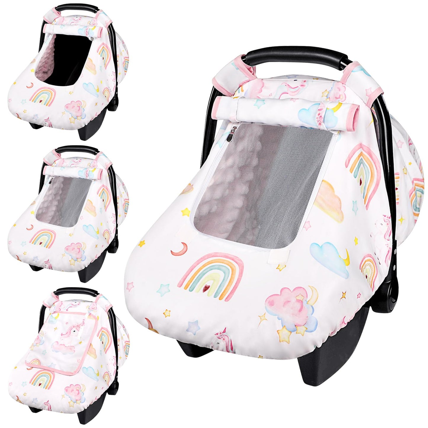 Pea Pod Car Seat Cover Baby, Infant Car Seat Canopy Covers for Newborn with 2 Layers Windows of Breathable Mesh Fabric, Lightweight Polyester/Soft Minky Dot Backing (Floral & Rainbow)