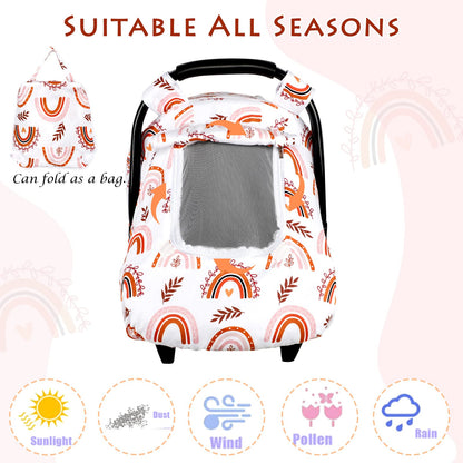 Pea Pod Car Seat Cover Baby, Infant Car Seat Canopy Covers for Newborn with 2 Layers Windows of Breathable Mesh Fabric, Lightweight Polyester/Soft Minky Dot Backing (Floral & Rainbow)