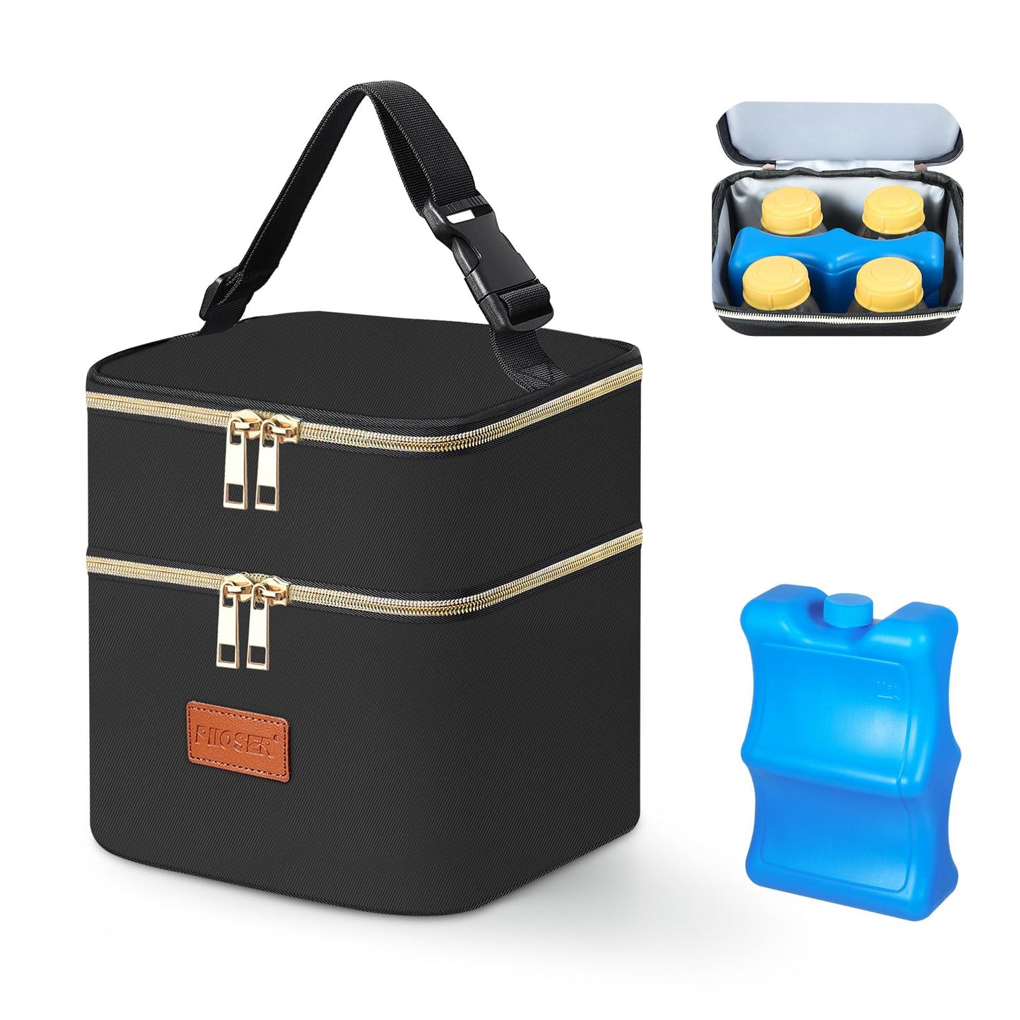 PIIOSER Baby Bottle Tote Bag with Ice Pack, Fits 4 Baby Bottles Up to 9 Ounce, Small Insulated Breastmilk Cooler Travel Bag with Shoulder Strap for Nursing & Working Mom Daycare (Cream-S)