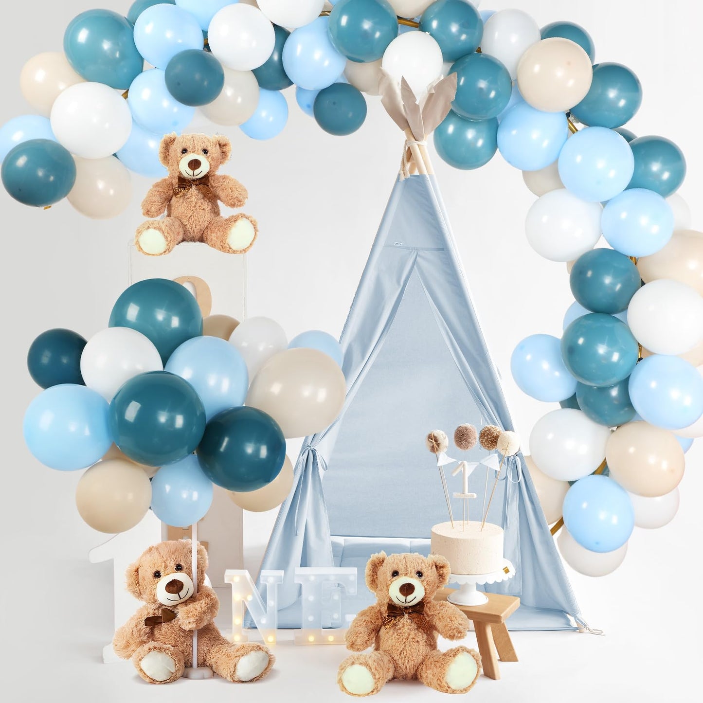 Meooeck 185 Pcs Bear Baby Shower Party Decorations Table Centerpieces 5 Pcs 13. 5'' Gender Reveal Bears 180 Balloons Kit Baby Shower Table Decor for Birthday Wedding(Green, Brown, Nude, White)