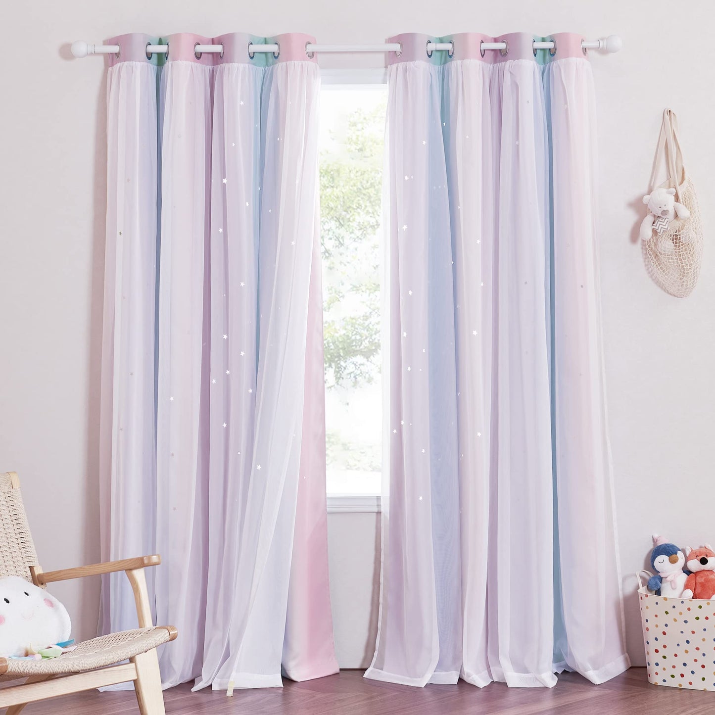 NICETOWN Nursery Curtains for Kids, Farmhouse Blackout Curtain Panels for Bedroom, Double Layer Star Hollow-Out Grommet Aesthetic Living Room Toddler Window Curtains, 2 Pcs, W52 x L84, Biscotti Beige
