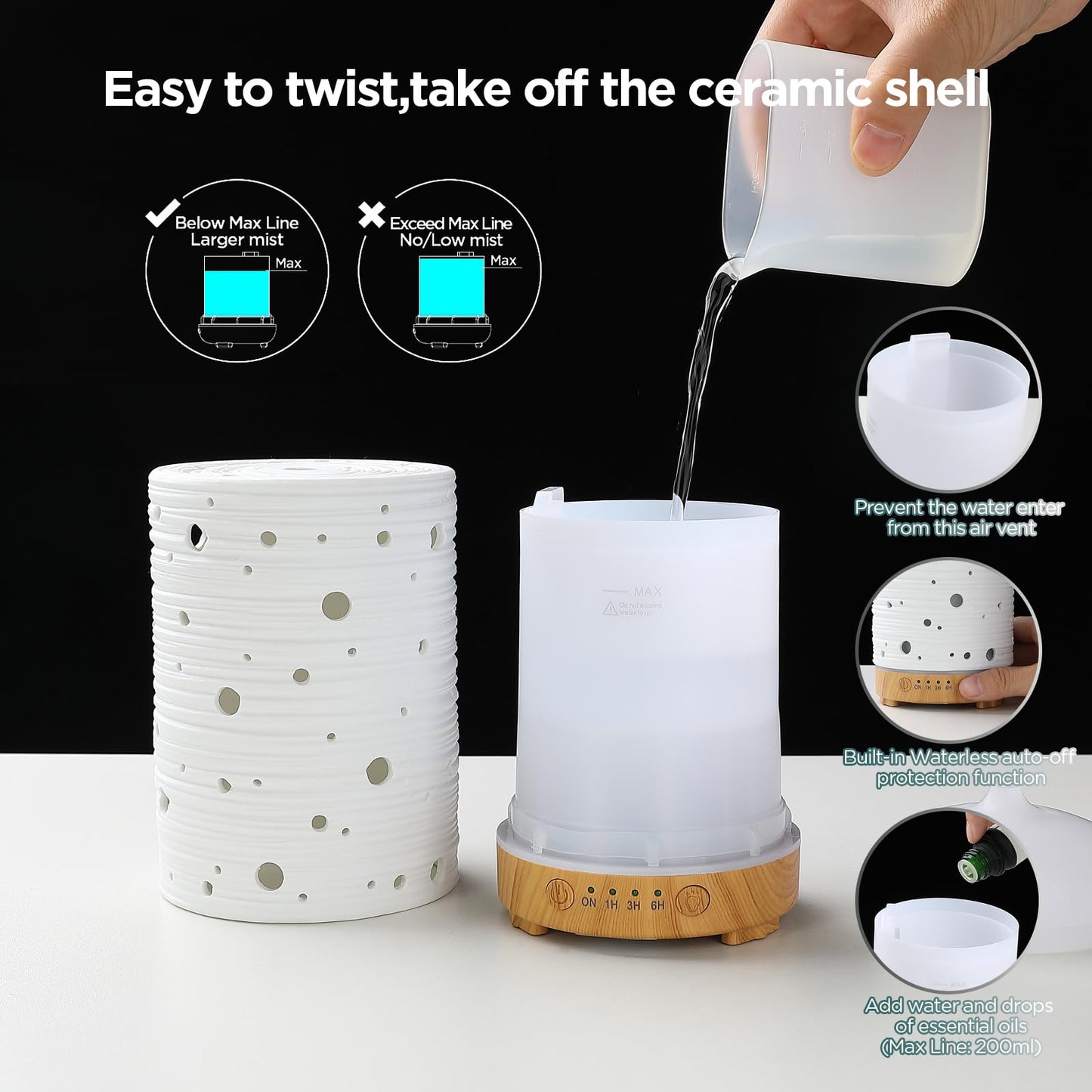 Essential Oil Diffuser Hand Blown Glass Aromatherapy Diffuser - Ultrasonic Cool Mist Scent Aroma Diffuser, Whisper Quiet with Auto Shut-Off, Timer Setting &7 Colors Night Light for Home