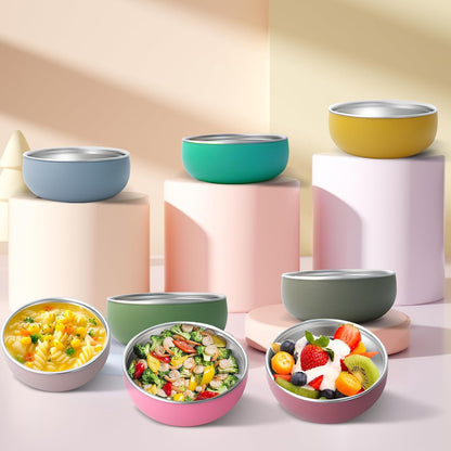 8 Pcs 304 Stainless Steel Baby Bowls with 8 Spoon Kids Bowls with Removable Silicone Shell Toddler Without Suction Bowls Anti Scald Snack Container for Dishwasher for Food Feeding(Multicolor)
