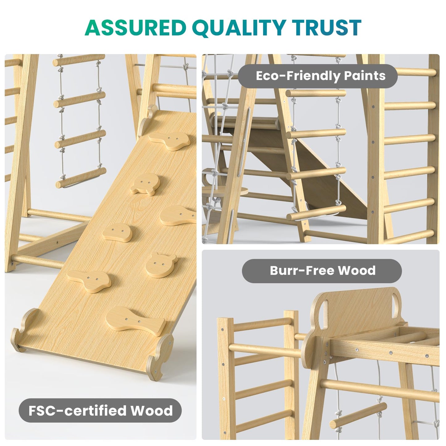 Upgraded Indoor Playground 9-in-1 Jungle Gym Kids Climbing Toys, Montessori Philosophy Waldorf Style Wooden Climber Playset with Slide, Swing, Monkey Bars, Upright/Rope Ladder, Climb Net, Rainbow