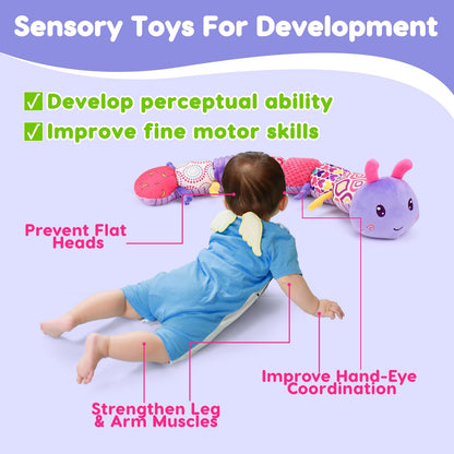 Baby Sensory Toy 0-6 Month Music Animal Stuffed Plush Caterpillar Toy for Infant 0-3-6 Month Tummy Time with Baby Mirror Crinkle Rattle for 6-12 Month Carseat Toy for Newborn Boys Girls Shower Gifts