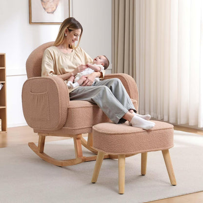 Rocking Chair with Ottoman, Upholstered Glider Rocker with High Backrest and Side Pocket, Rocking Accent Armchair with Solid Wood Legs for Nursery, Living Room, Bedroom Green