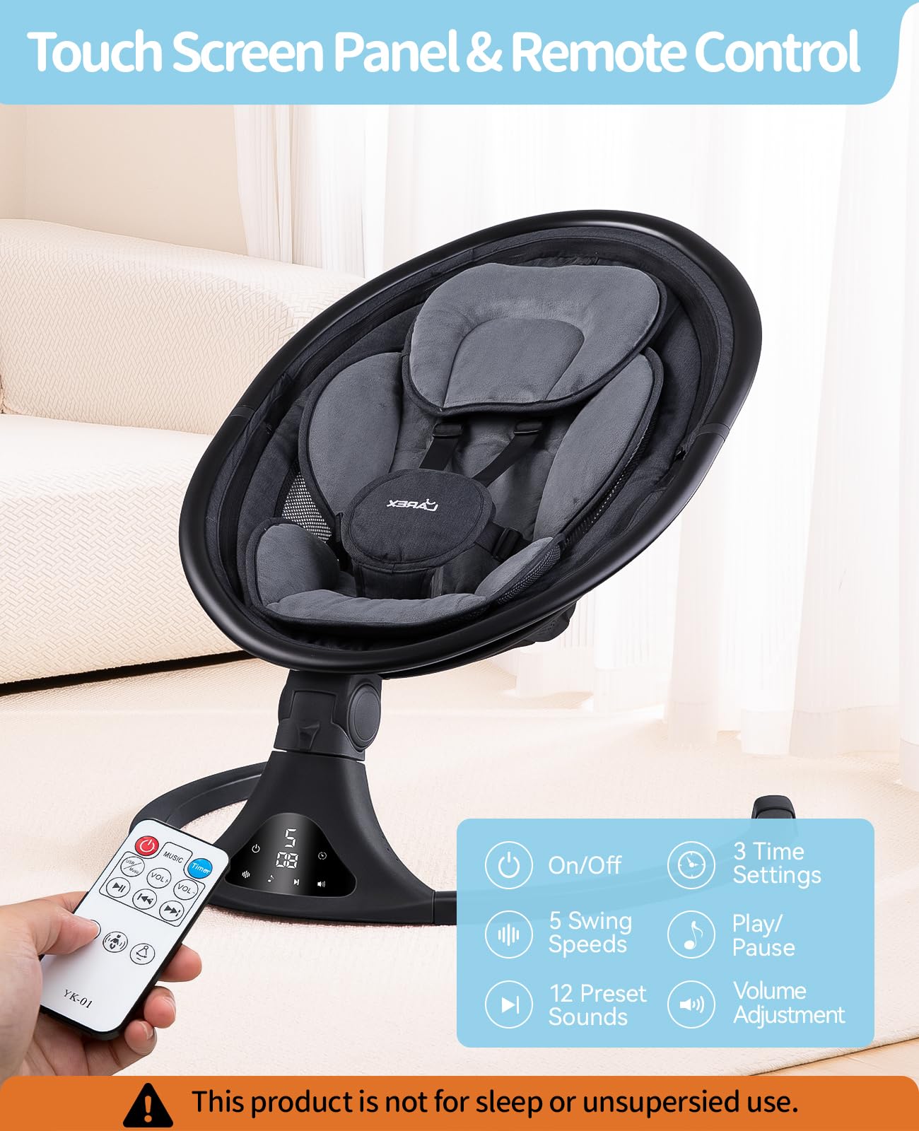 LAREX Baby Swing to Toddler Electric Infant Swing Portable for Newborn Boy Girl, 5 Sway Speeds with Remote Control, 12 Preset Melodies and Bluetooth, 0-6 Months Max 20 Lbs(Dark Wood Grain)