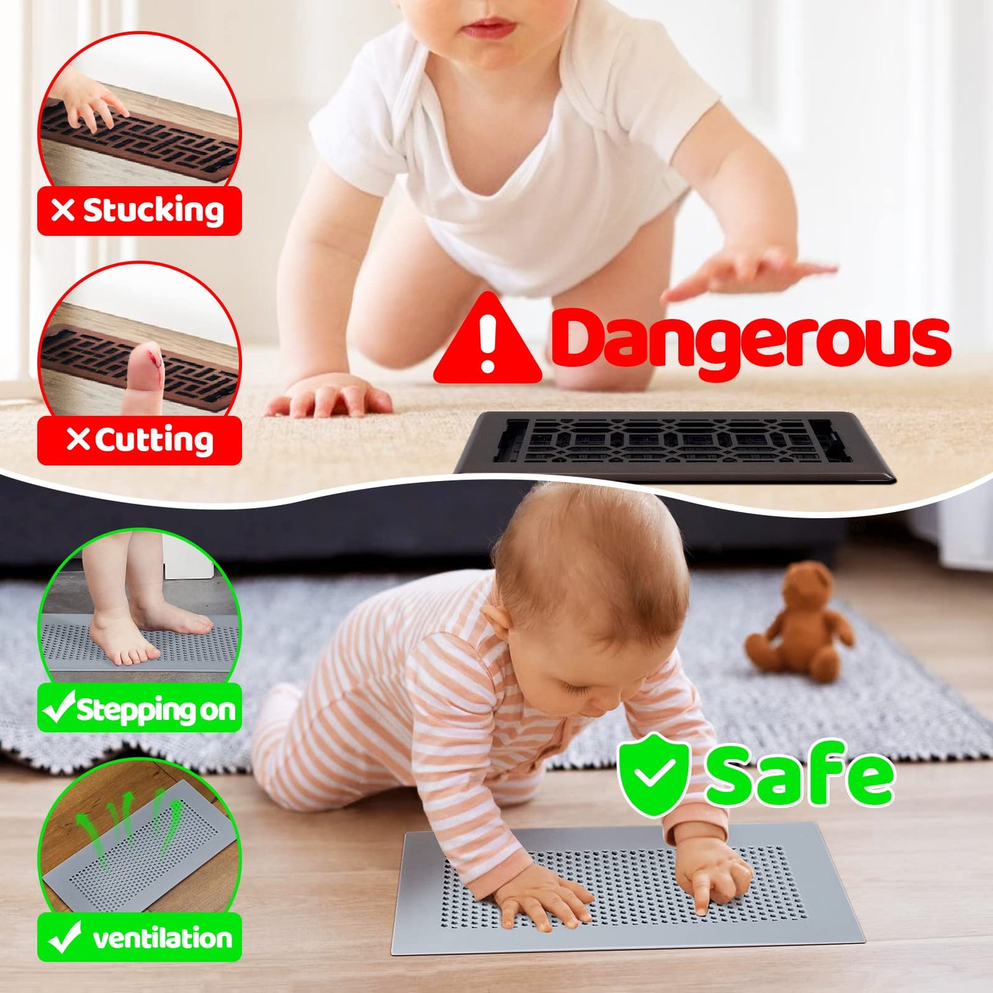Orzbow Baby Proofing Soft Silicone Vent Cover for Home Wall/Ceiling/Floor Register,Child Proof Floor Air Vent Deflector Cover,Catches Debris Hair & Prevents Creepy Crawlies,Easy Install, Khaki,2 Pack