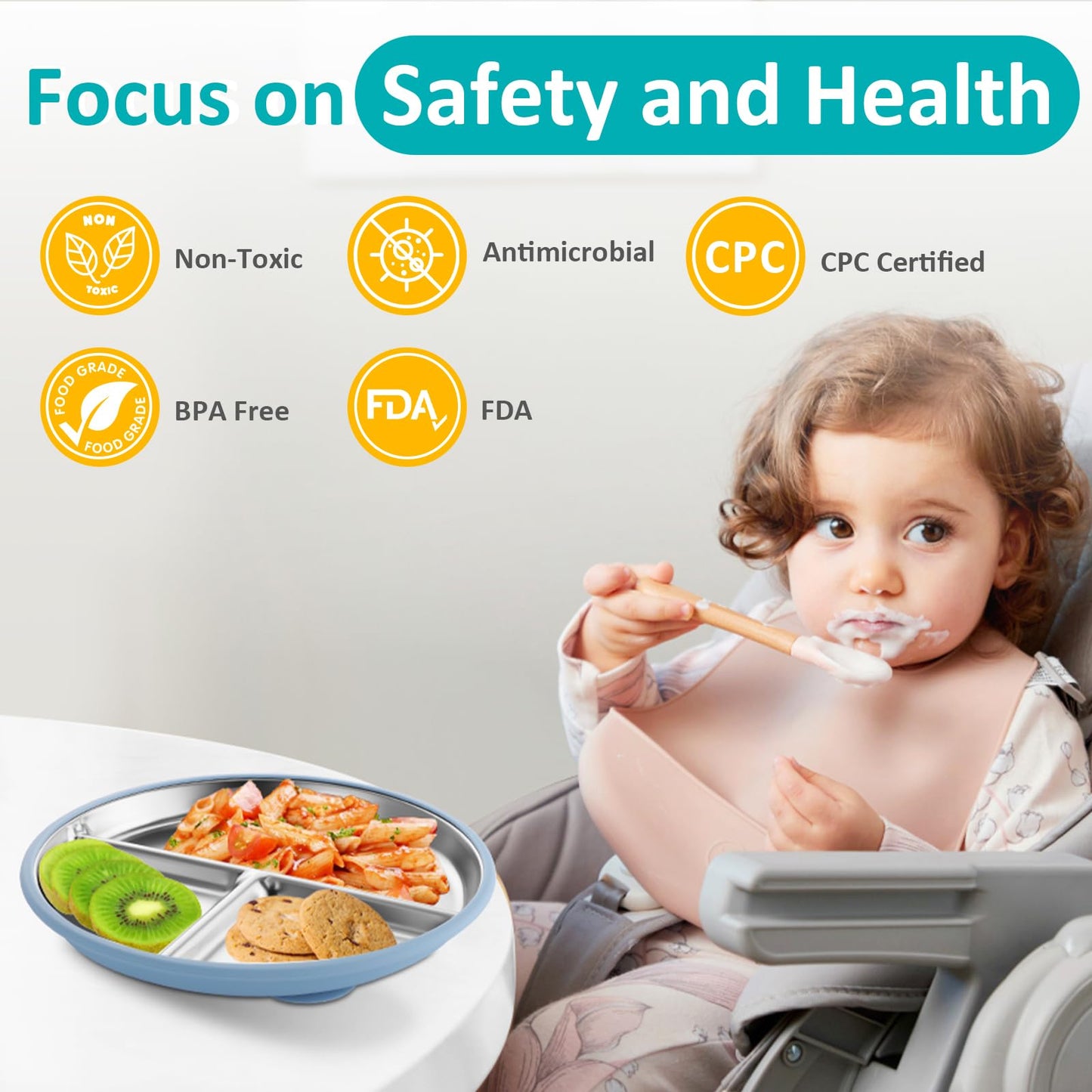 Stainless Steel Baby Plate with Suction, 9” Divided Toddler Plates with Removable Silicone Sleeves for Kids, Non-Toxic Non-Slip Unbreakable Dishwasher Safe Dinnerware Set of 2, Pink & Beige